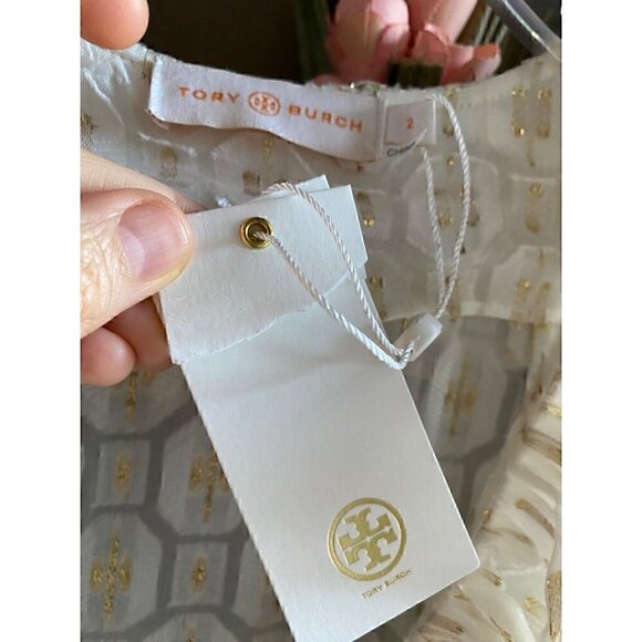 Tory Burch Jasmine Metallic Ruffle Dress 2 Piece with Slip size 2 Ivory & Gold - Picture 8 of 10